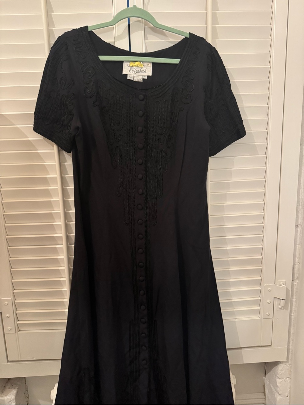 J.Elizabeth Black Embroidered Button-Front Midi Dress 90s does Edwardian
